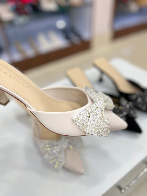Rhinestone Embedded Bow Close Toe Heel
